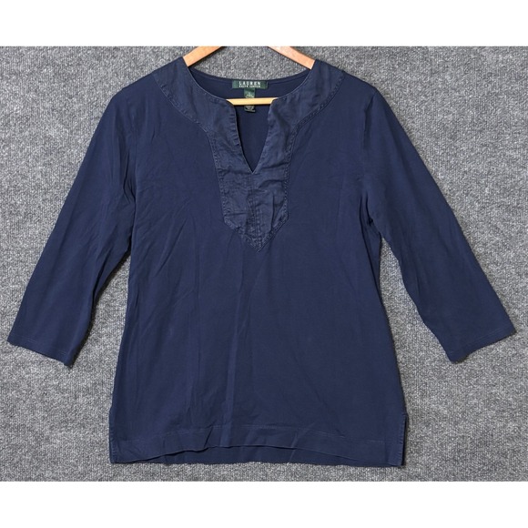 Lauren Ralph Lauren Tops - Lauren Ralph Lauren Womens Large Shirt Navy Blue Split Neck 3/4 Sleeve Cotton